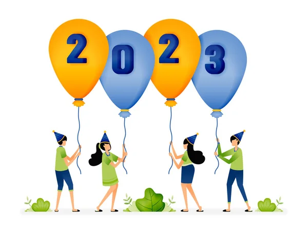 2023 년초에 사람들 2023 풍선을 환영하는 파티의 예입니다 사이트 페이지 — 스톡 벡터