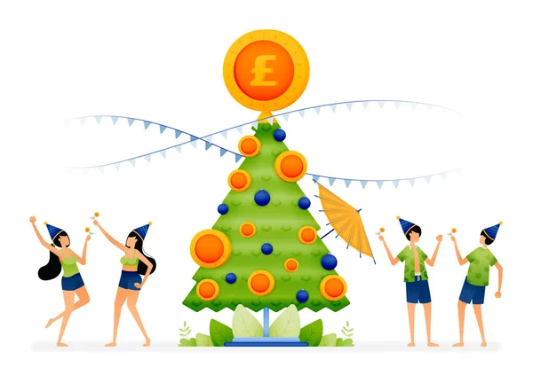 ランプやコインで飾られたクリスマスツリーでビーチでパーティーする人々のイラスト ウェブサイト ランディングページ チラシ バナー アプリ パンフレット スタートアップメディア企業向けに設計されています — ストックベクタ