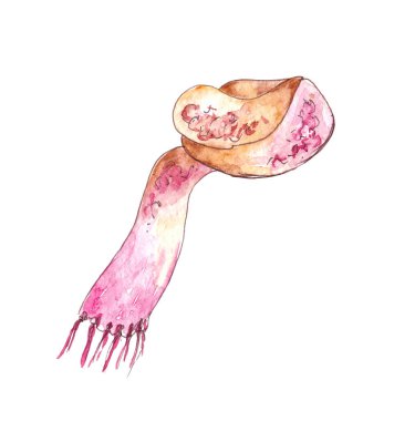 El yapımı suluboya kış örgü giysileri. Kahverengi yün atkı