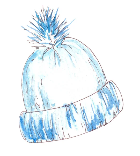 手描き水彩冬ニット服。ブルーウールキャップ — ストック写真