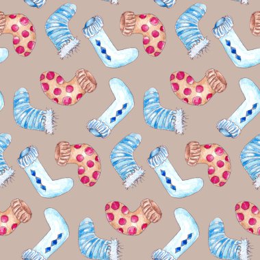 Elle çizilmiş suluboya desenli, kışın örülmüş çoraplar.