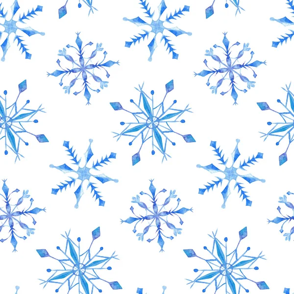 Hand drawn watercolor seamless pattern with blue snowflake. Winter illustration. — Stock Photo, Image