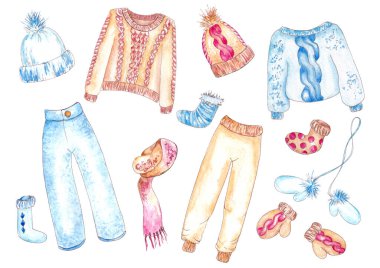 El yapımı suluboya kışın örülmüş giysiler..