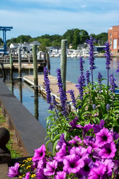 View of Mystic river, Connecticut. Historic Mystic Seaport in Connecticut. Summer 2021