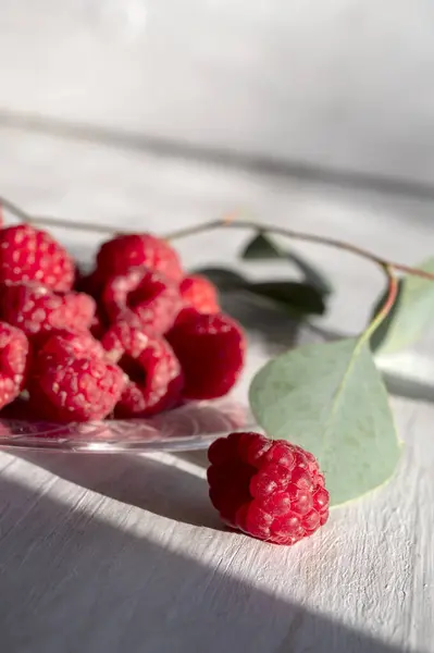 Delicious raspberries on plate on sunny bright morning. — Stock Fotó