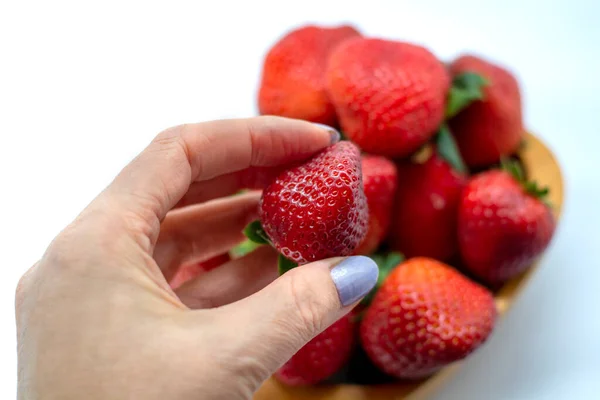 Hand Taking Red Delicious Strawberry Plate Strawberries Healthy Snack Desert — Stock Fotó