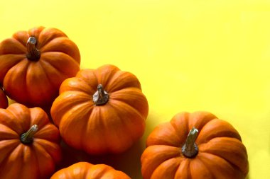 Lots of mini pumpkins in basket on bright yellow background . Autumn theme Space for text . High quality photo