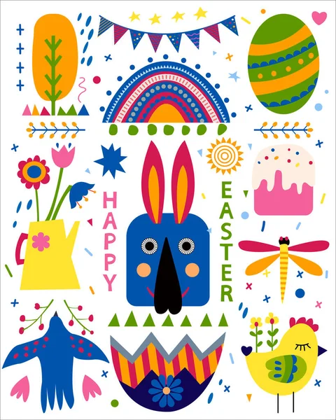 Osterferien-Set mit Huhn, Hase, geschnitten im Stil der Papierkunst. Vektorzeichnung. Frohe Ostern. Geometrische Elemente — Stockvektor