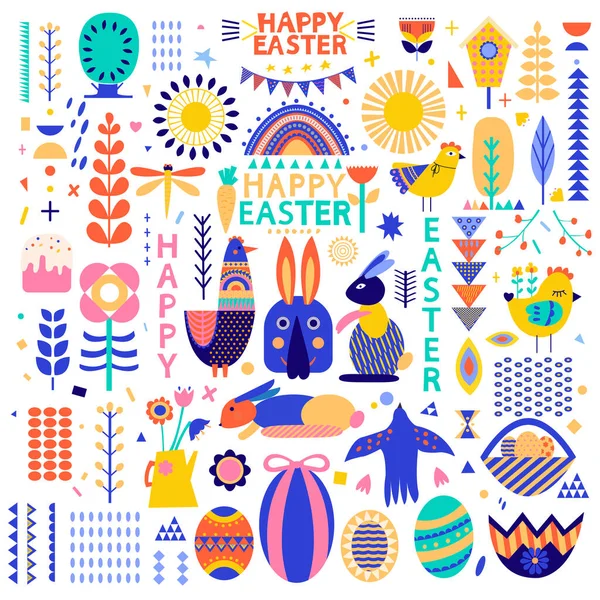Buon Pasqua vettore insieme illustrazione con pollo, coniglio tagliato in stile arte cartacea. Vettore. Elementi geometrici. — Vettoriale Stock