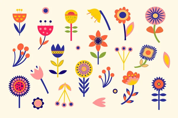 Set colorato con fiori tagliati in stile folk arte cartacea. Illustrazione della silhouette. Disegno vettoriale. Geometrica — Vettoriale Stock