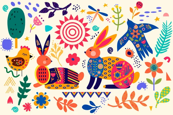 Tavuklu, tavşanlı, kağıt sanatı tarzında kesilmiş Paskalya bayramı seti. Paskalya mesajın kutlu olsun. Siluet çizimi. Vektör çizimi. Geometrik — Stok Vektör