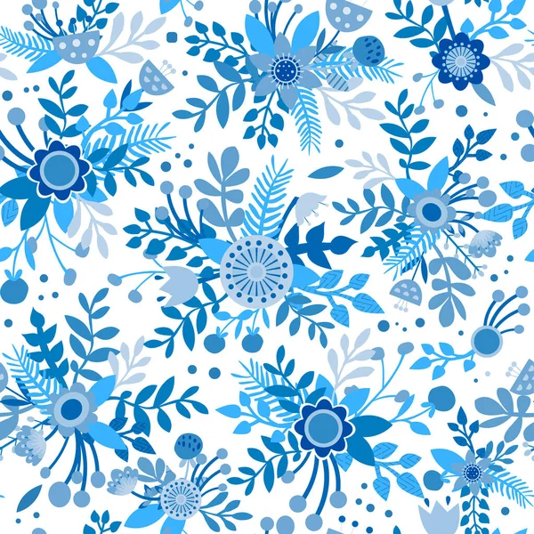 Colorful blue seamless pattern with flowers cut in paper art folk style. Silhouette ornamenr illustration. — Stock Vector