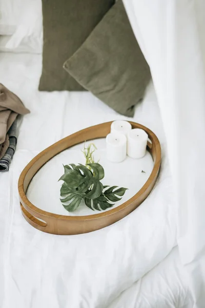 Decor Tray Leaves Candles — Stock Photo, Image