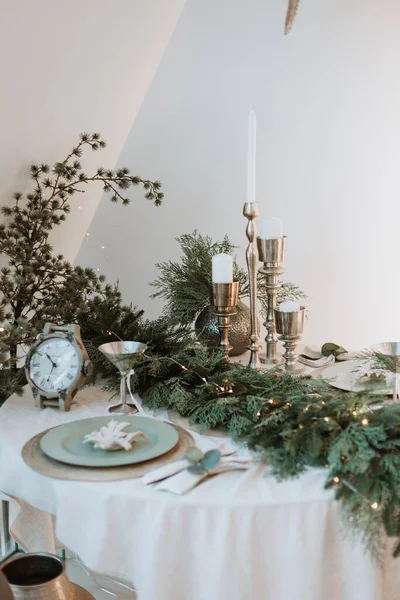 Decorated New Year Table Light New Year Festive Table Setting — Stock Fotó