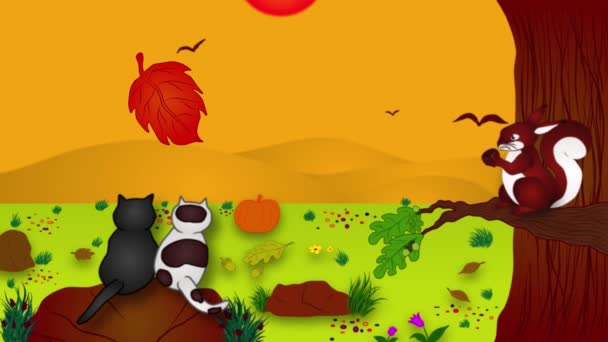 Animacja Osobliwego Krajobrazu Jesienią Jesienią Kilka Kotów Siedzących Kamieniu Cieszących — Wideo stockowe