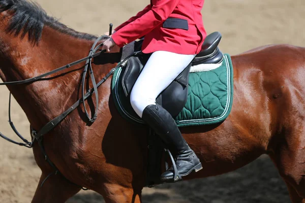 Close Van Niet Geïdentificeerde Concurrent Ruiter Springpaard Equitatie Evenement Zomer — Stockfoto