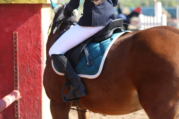 Close Unidentified Competitor Rider Show Jumper Horse Equitation Event Summertime — Stock Photo, Image