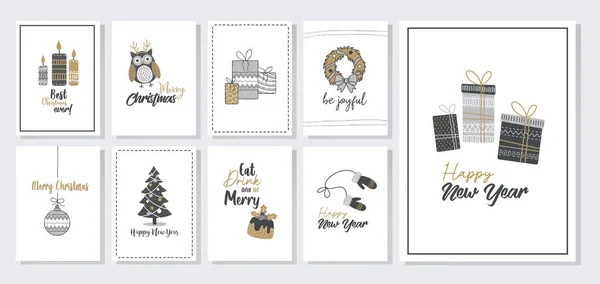 Modern el yapımı unsurları ve selamları olan modaya uygun Mutlu Noeller kartları. Harf tasarım koleksiyonu. Çizgi vektörü karala ve karala.