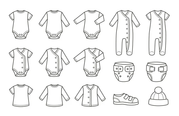 Yeni doğmuş. Bebek giysi ikonları hazır. Erkek ve kız için kıyafet. Beyaz arkaplanda izole vektör illüstrasyonu.