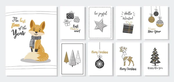 Tarjetas Juego Navidad Moda Con Elementos Modernos Dibujados Mano Saludos — Vector de stock