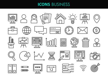 Set Vector Line Icon of Business and Finance. Icons as business people, idea, diagram, basket, global, presentation, goal, work. Outline icons collection. Line style - stock vector