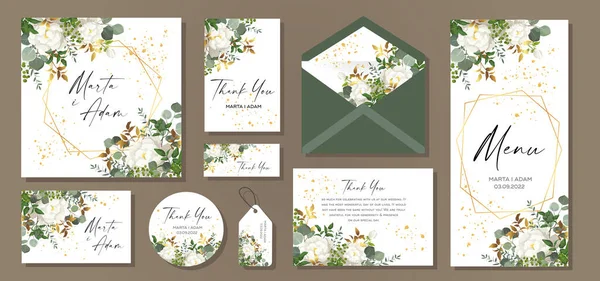 Düğün davetiyesi, menü, etiket, zarf. Çiçek tasarımı yeşil suluboya okaliptüs yaprakları, yeşillik desenli desenler. Vektör zarif, şirin kırsal.