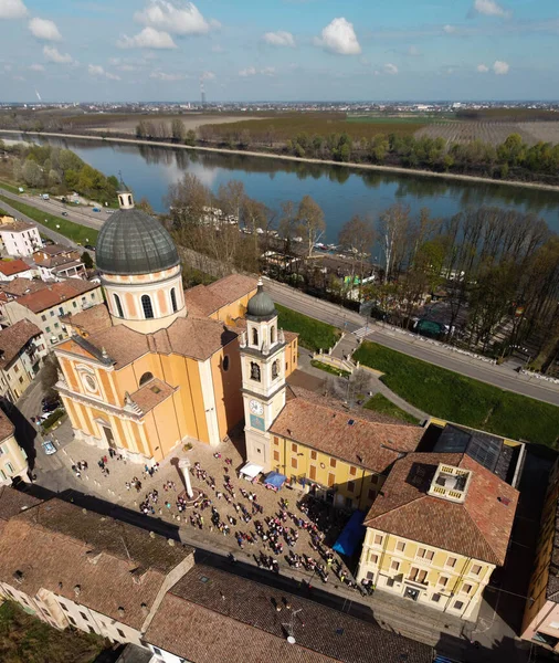 Aerial view of the pink walk against cancer. Boretto, Italy