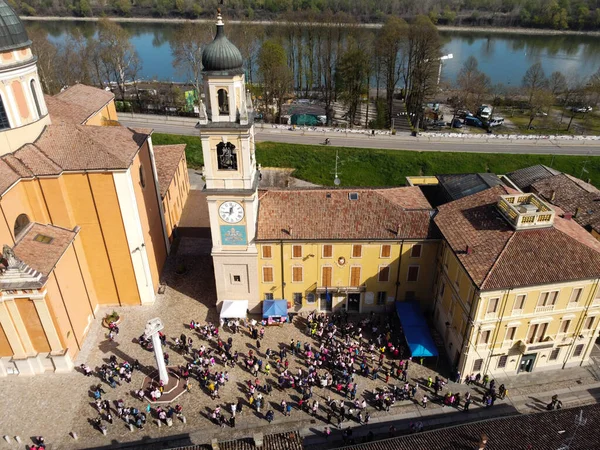 Aerial view of the pink walk against cancer. Boretto, Italy. High quality photo
