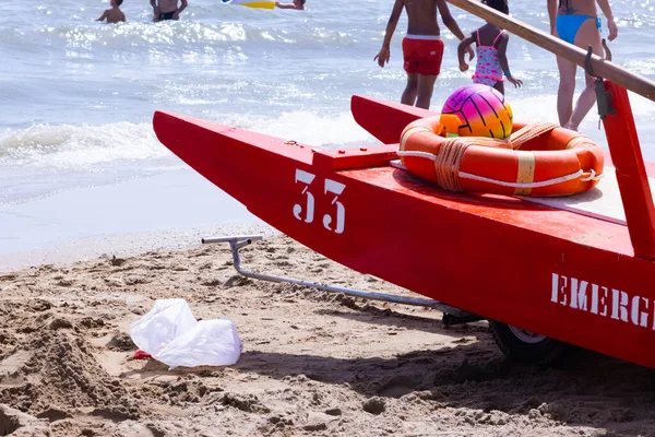 Lifeguard boat at the beach in summer. Rimini, Italy. High quality photo
