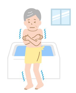 Yaşlı adam banyoda üşüyor. Aşırı sıcaklık farkı insan vücudu için zararlıdır. Sağlık hastalıklarını önleme kavramı