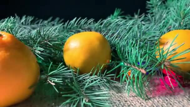 Brunch Sugli Alberi Capodanno Mandarini Sacco Con Luci Ghirlanda Buon — Video Stock