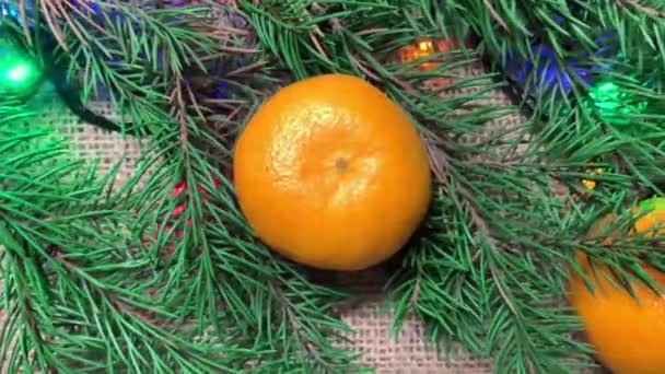 Brunches Año Nuevo Mandarinas Saco Con Luces Guirnalda Feliz Navidad — Vídeo de stock
