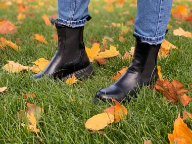 Sonbahar yeşilliklerinde sonbahar ayakkabıları. Yaprak düştü. Düşen yaprakların arasında sonbahar yürüyor.