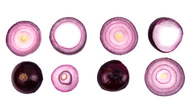 Beyaz arka planda izole edilmiş soğan dilimleri koleksiyonu. Üst görünüm