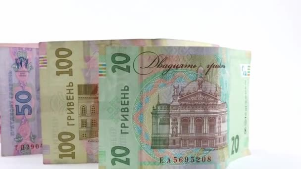 纸币不同的面额 乌克兰格里夫尼亚面额20 100 200 500格里夫尼亚 新的面额 以白色背景分离 — 图库视频影像