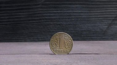 Tahta zemin üzerinde 1 Hryvnia 'lık Ukrayna çeliği para değerleri