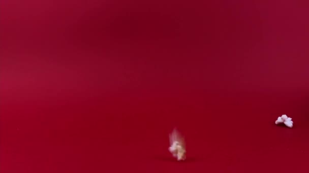 Popcorn Falling Heap Slow Motion Red Background — Stock Video