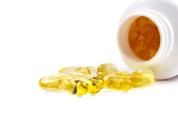 Omega Yellow Transparent Capsule Fish Oil White Isolated Background Vitamins — Stock Photo, Image