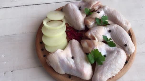 Fresh Raw Ready Preparing Chicken Wings Wooden Board Ingredients — Stock Video