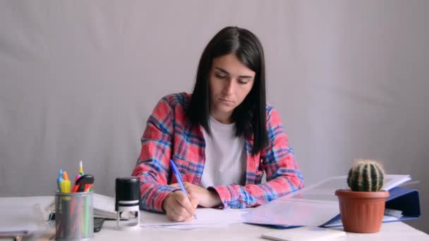 Stressed Young Business Lady Feeling Nervous Doing Paperwork Anxious Depressed — Stockvideo