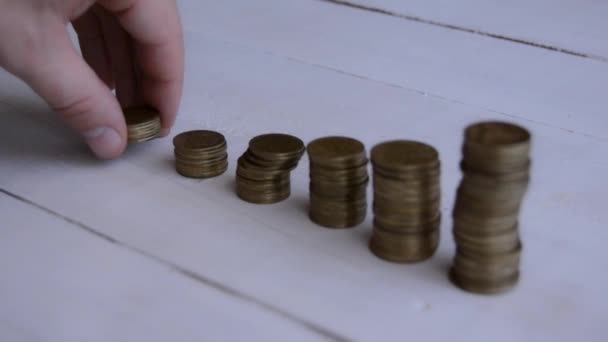 Close Hand Puts Stack Coins Table Saving Money Growth Concept — Video