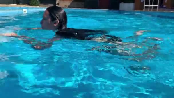 Attractive Young Woman Swimming Resort Pool Clean Blue Water Relax — Stockvideo