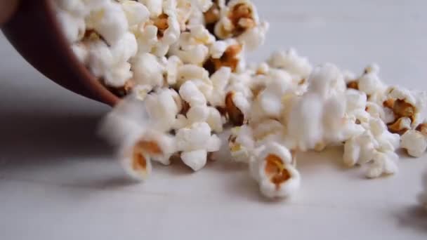 Popcorn Bowl Spilled Table Closeup Shot — Video Stock