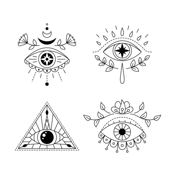 Line Art Mystic Eye Tattoo Set Pohled Prozřetelnost Geometrický Mystický — Stockový vektor