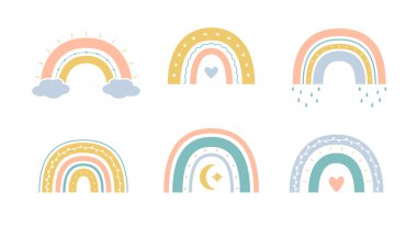 Çocuklar için vektör boho gökkuşağı koleksiyonu. Elle çizilmiş hoş renkli bir tasvir. Kabartma doğa hava elementi. Poster, baskı, çocuk odası ya da kart için..