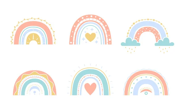 Çocuklar için vektör boho gökkuşağı koleksiyonu. Elle çizilmiş hoş renkli bir tasvir. Kabartma doğa hava elementi. Poster, baskı, çocuk odası ya da kart için..