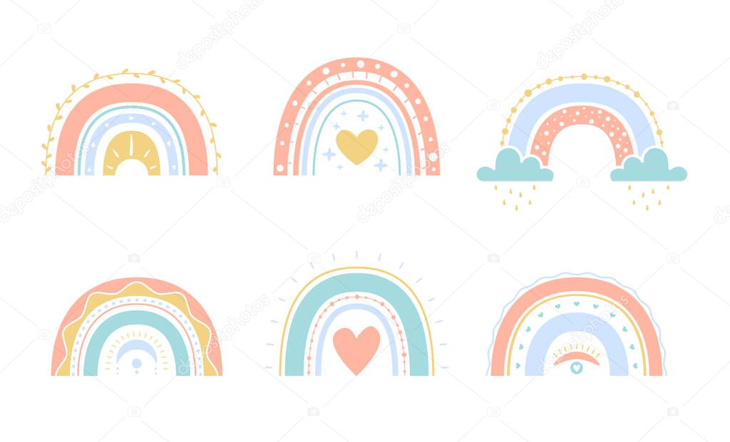 Collection of vector boho rainbows for kids. Cute colorful illustration in hand drawn style. Glyph nature weather element. For poster, print, nursery room or card.