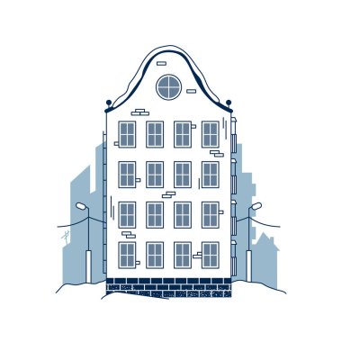 Kapısında çelenk olan, beyaz arka planda izole edilmiş çizgili sanat kış evi. Avrupa şehir yerleşim binası. Noel ve Yeni Yıl tatili sezonu için şehir manzarası çizimi, gayrimenkul