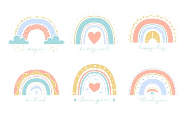 Collection of vector boho rainbows for kids. Cute cards design with text, colorful illustration in hand drawn style. Glyph nature weather element. For poster, print, nursery room or card.