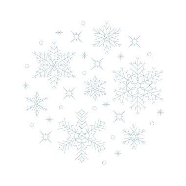 Snowlakes composition in circle shape. Geometric Christmas and New Year circle background for greeting card, decoration. Line art illustration
